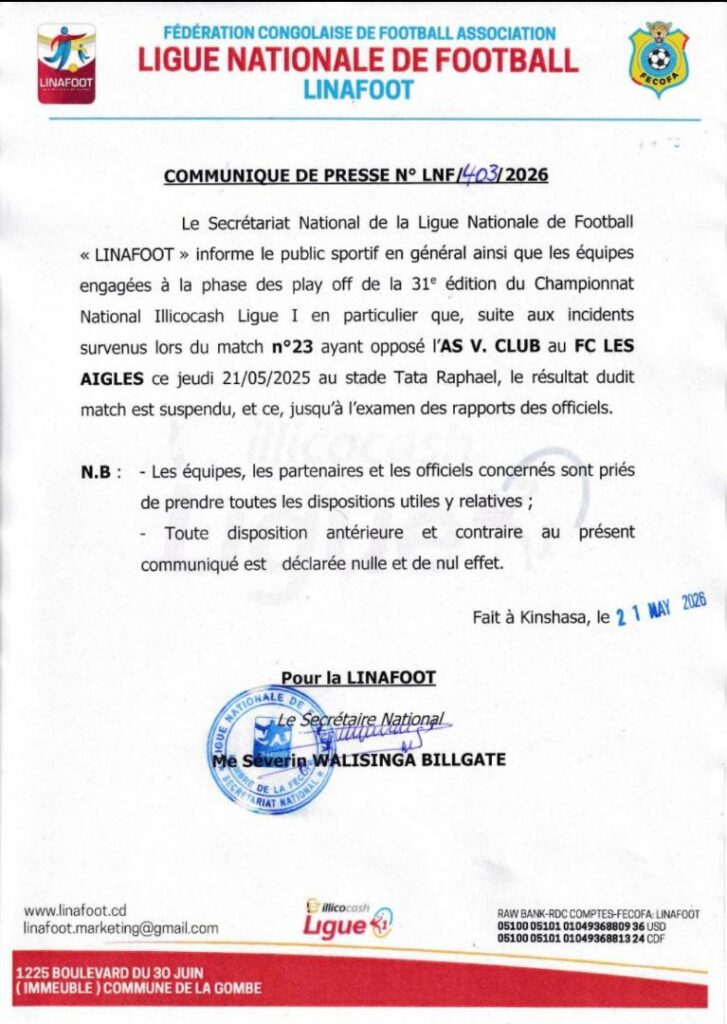 Linafoot/Play-offs : V.Club – Les Aigles, un match sous tension interrompu dans le chaos. whatsapp image 2026 05 21 at 23.10.25